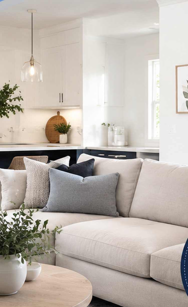 A tidy open concept living room and kitchen
