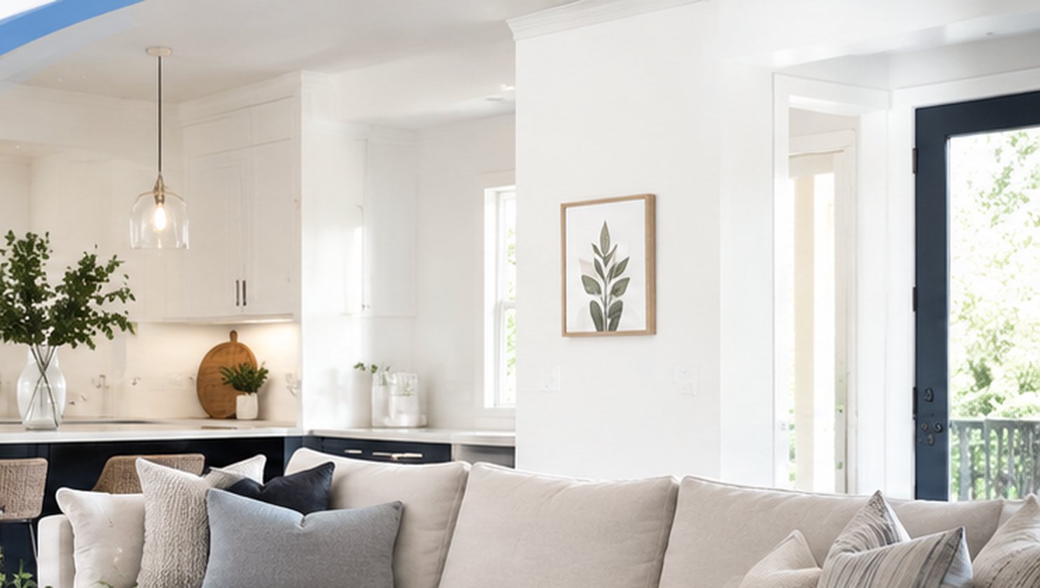 Clean kitchen counters and a bright living space